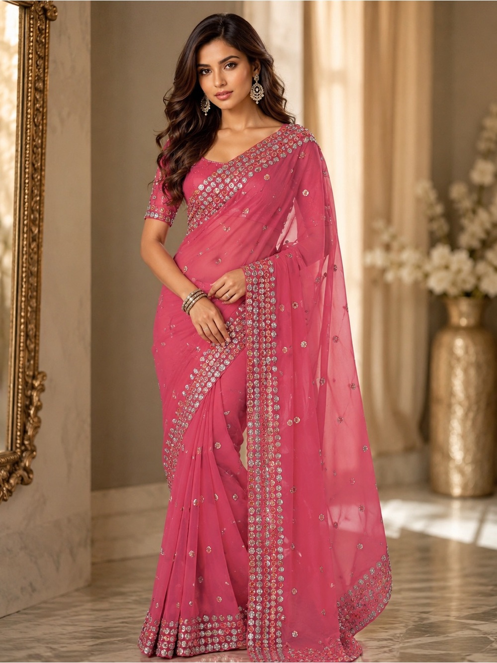Pink Sequin Stone Embellished Saree Ready to Wear Blouse 36 Party Wedding